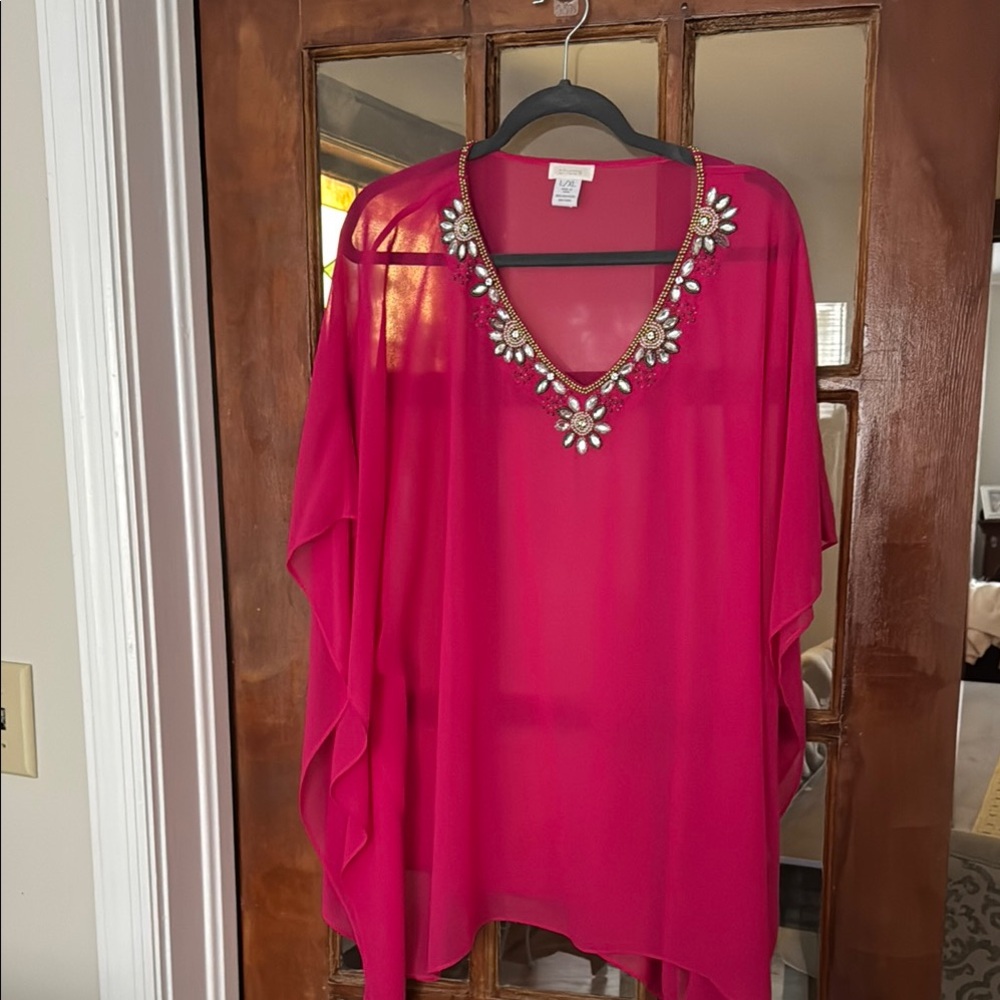 Chico's Pink Flutter Sleeve Asymmetrical Sheer Poncho Blouse / Coverup